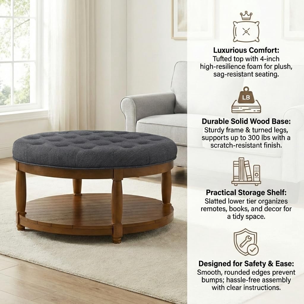 ODUWA Coffee Table Ottoman with Storage Shelf, Tufted Upholstered Footrest Stool, Solid Wood Base Accent Table for Living Room