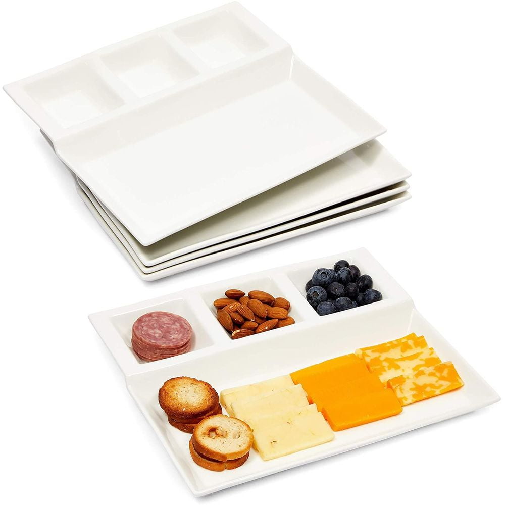 4 Pack Divided Serving Platter Trays, White Ceramic Compartment Plates