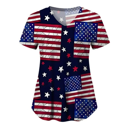 

4th Of July American Flag Tops Women s Scrubs Top Casual Print Short Sleeve Loose V Neck Shirts With Pocket Nurse Uniforms Women