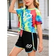 thumbnail image 5 of Fdqin Girls Summer Outfits 6 Pcs Tie-dye Heart Print Casual Short Sleeve Tee Tops and Dolphin Shorts Set Blue Orange red 4-5 Years, 5 of 7
