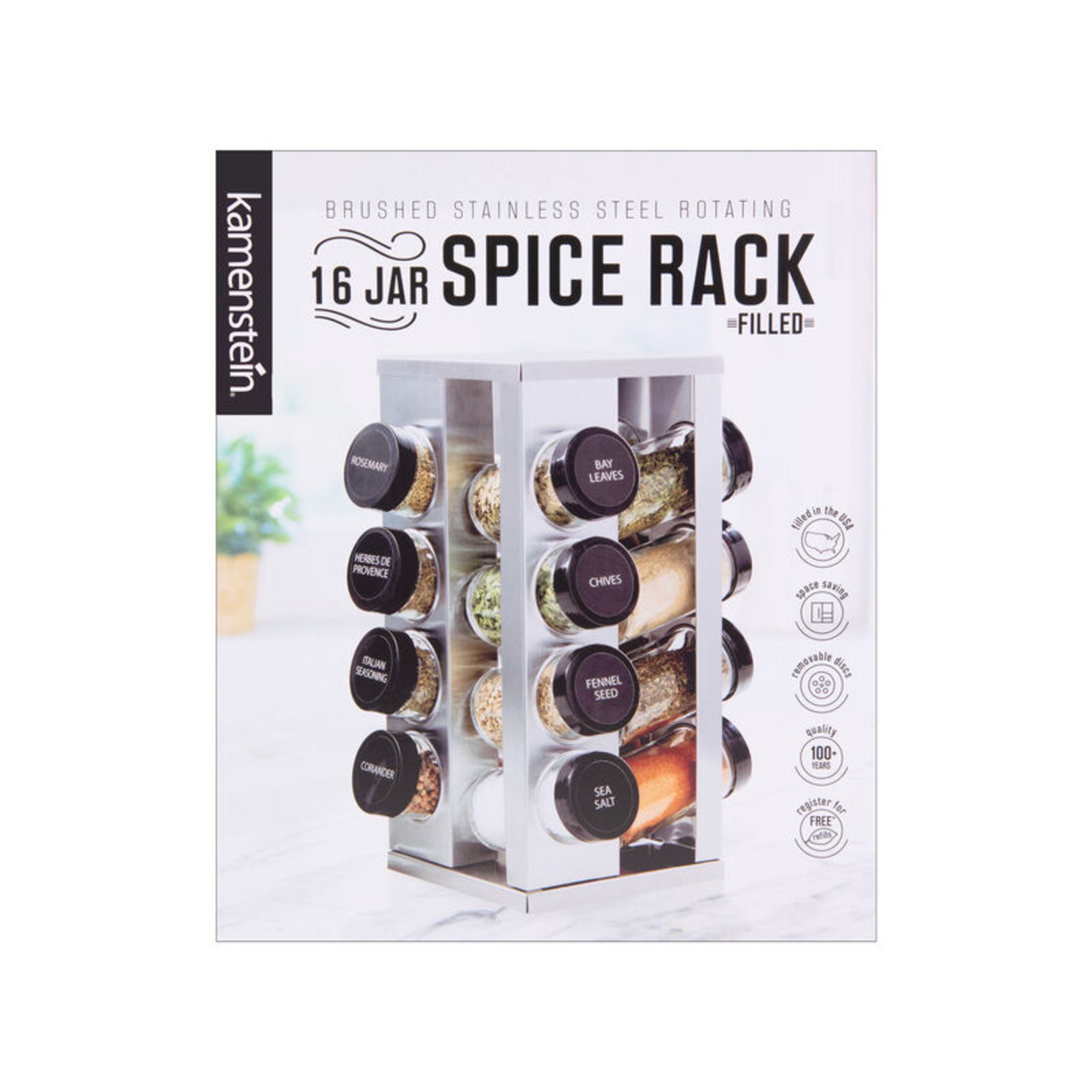 Kamenstein 15 Jar Lincoln Countertop Spice Rack with Spices Included, FREE  Spice Refills for 5 Years, Chrome with Black Caps , 9.5 x 5.8 x 9
