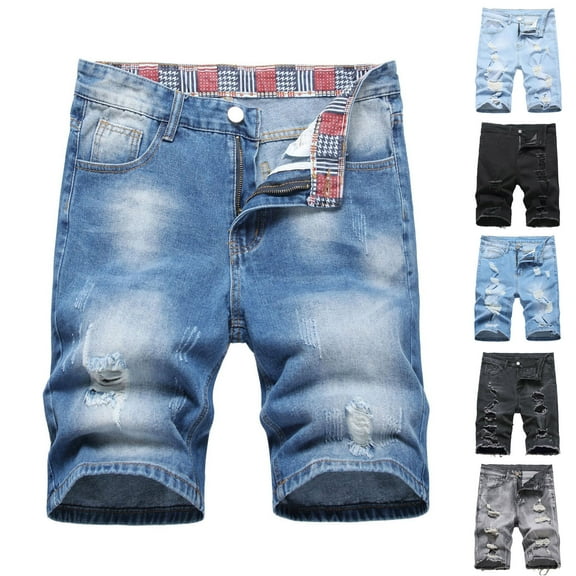 Jacenvly 2024 New Summer Mens Shorts Men's Denim Shorts with Micro Elastic Fit Button Zipper Pockets for Fashionable Casual Pants Shorts Solid Comfortable Leisure Short Trousers Blue