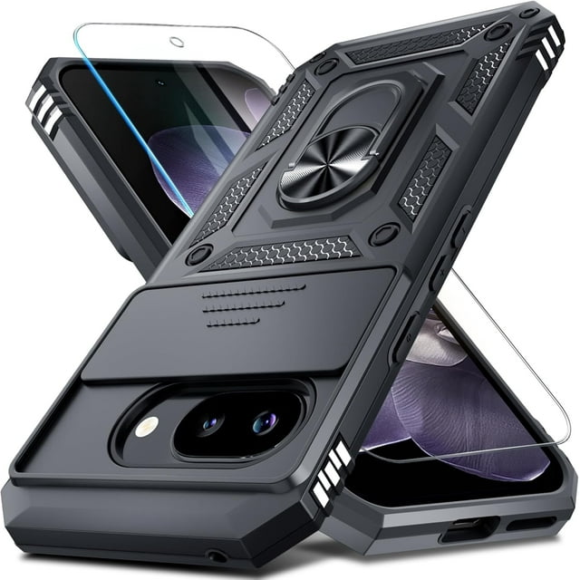 KOMI for Google Pixel 9A 2025 case in black designed for 6.3-inch phones, featuring a slide camera cover, HD screen protector, and built-in magnetic ring holder kickstand. This military-grade protective case combines a hard PC back and shock-absorbing TPU bumper for drop protection. Includes a tempered glass screen protector and precise cutouts for ports and buttons. The sliding camera lens cover locks securely and protects against scratches. The metal ring kickstand rotates 360° and flips 120°, ideal for hands-free viewing and magnetic car mounts.