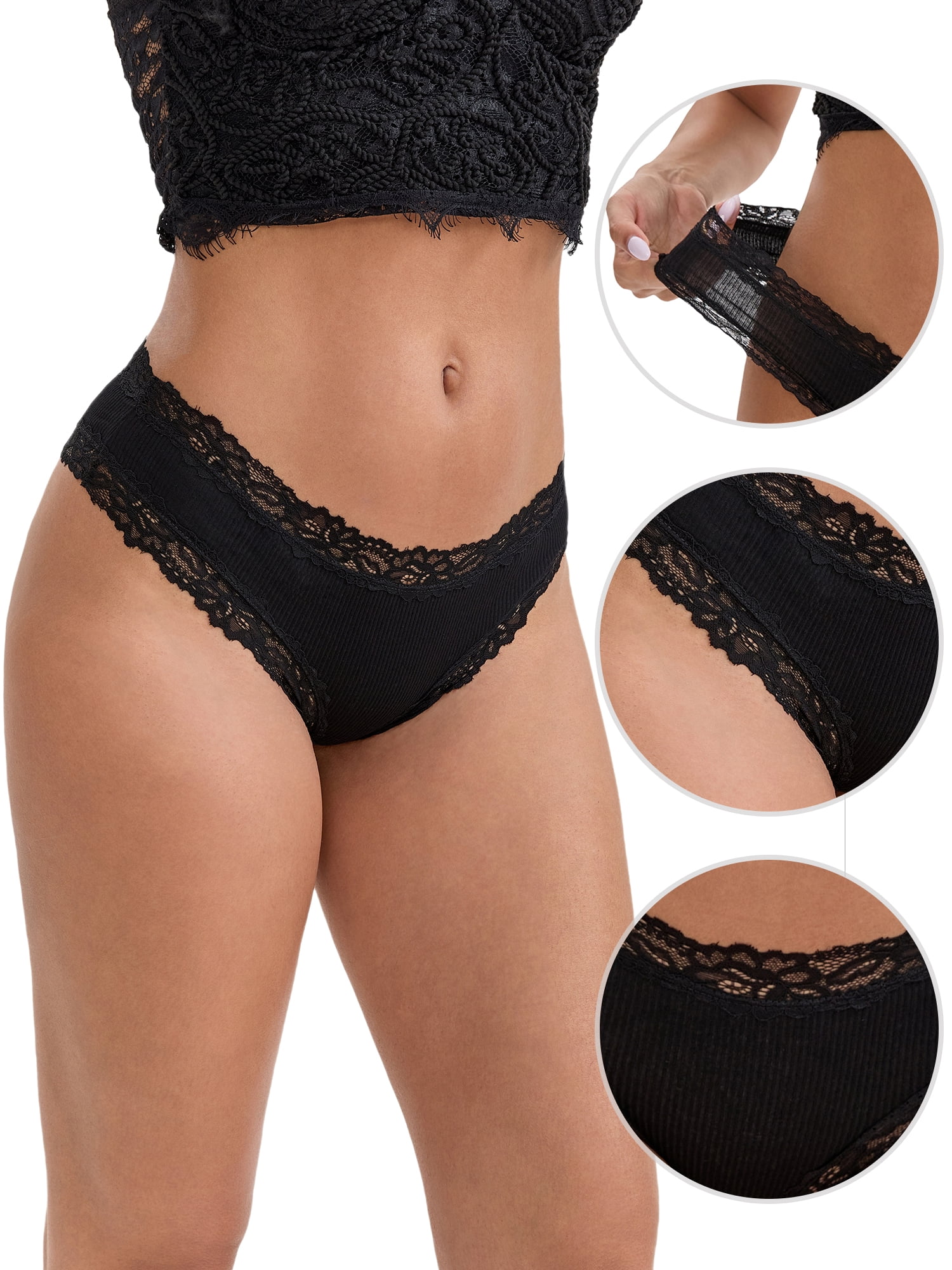 DARING DIVA Women's Lace Trim Cotton Ribbed Hipster Mid Waisted Panty XL Black