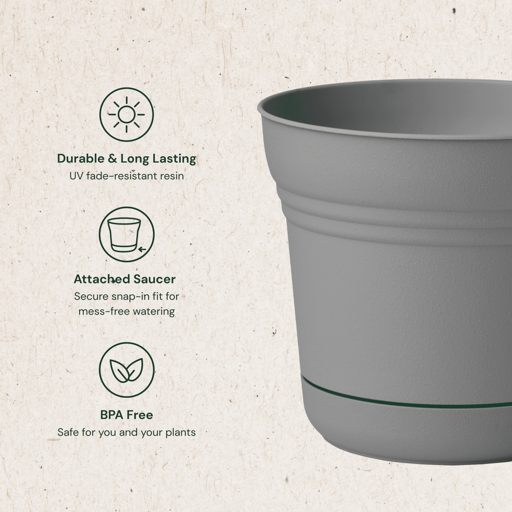 Bloem Saturn 12" Round Plastic Planter - Indoor/Outdoor, Snap-in Saucer & Drainage Holes, Charcoal