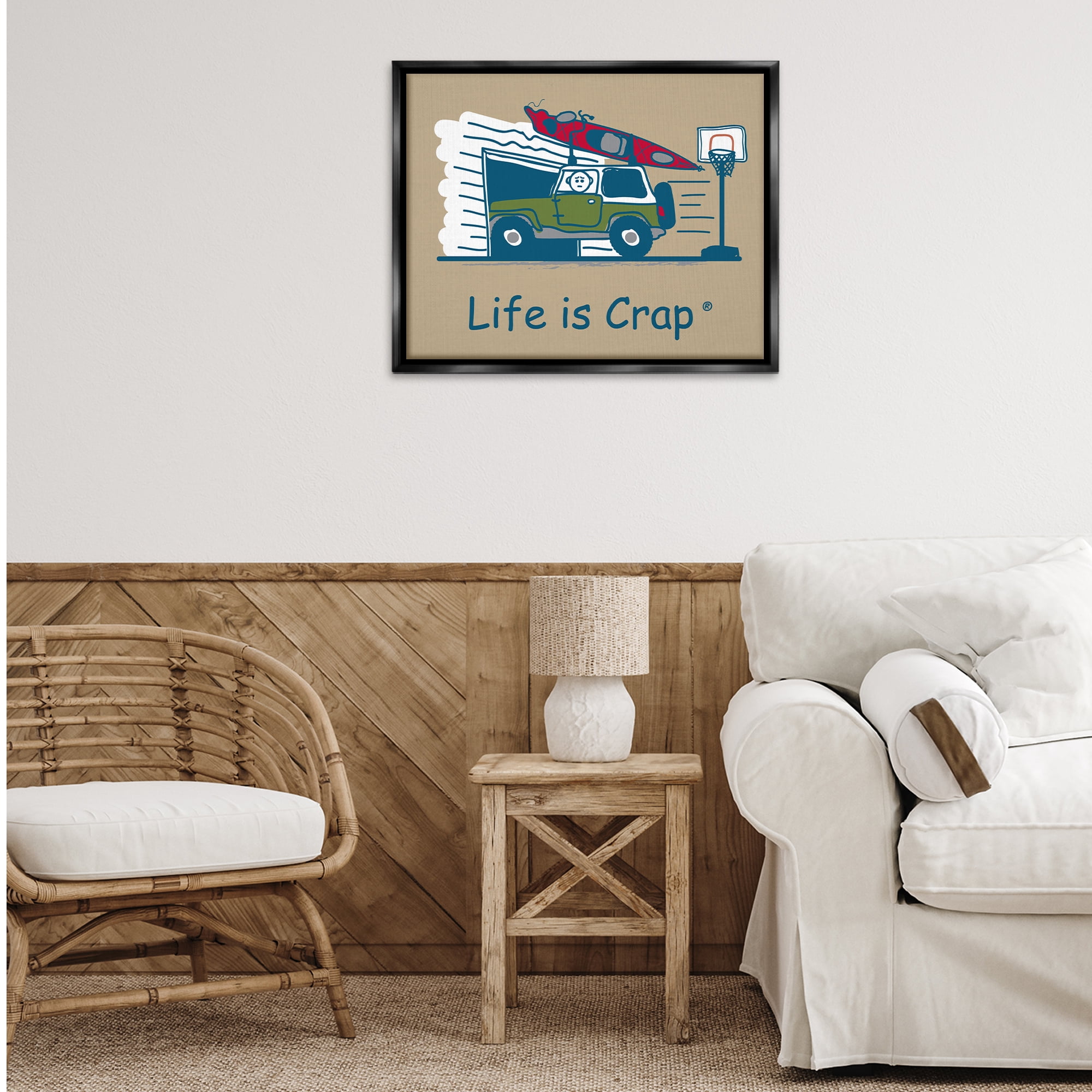 Stupell Industries Kayak and Garage Novelty & Humor Painting Black Floater Framed Canvas Art Print Wall Art, 31 x 25