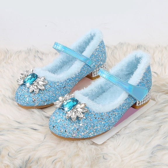 ZHOGXU Baby Kids Girls Sneakers Non Slip Thick Heeled Bow Design Sequins Comfortable Warm Elegant Shoes For Party Daily Wear,Blue,2.5-3 Years