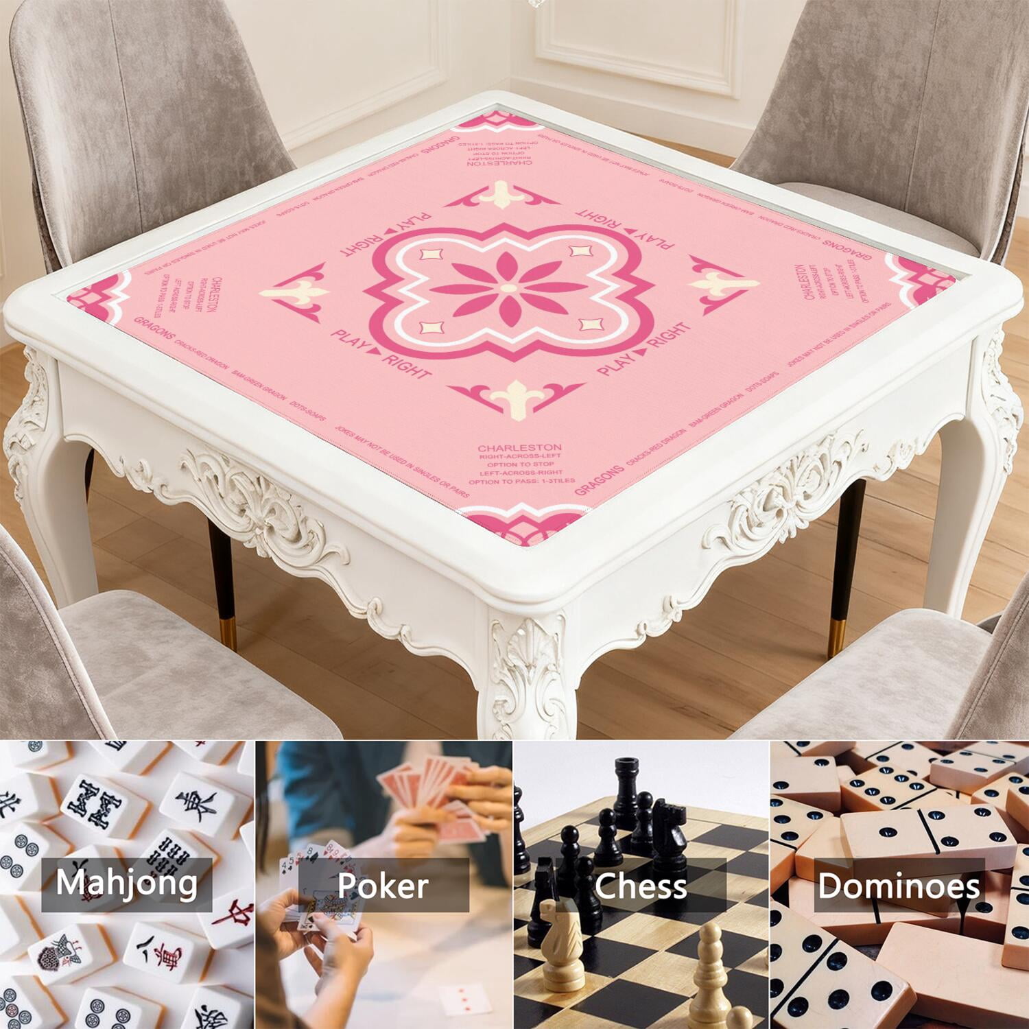 Pink Mahjong Mat with Rules, 31.5*31.5in Anti Slip American Mahjong Mat for Table, Noise Reduction, Neoprene Mah jongg Mats with Carrying Bag & 3 Dices, Mahjong Supplies Gift, Board Tile Games Mats