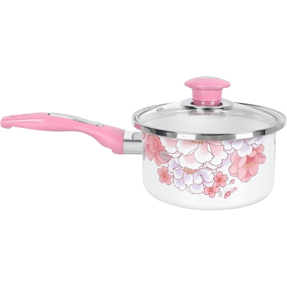 Enamel Saucepan 1500ml, Floral Small Cooking Pot Casserole with Glass Lid, Handle Pink Milk Pan Ramen Stockpots for Induction, Electric and Gas Stoves.