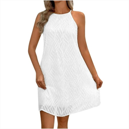 Amzcrzy Womens Summer Beach Dresses Casual Mesh Lace Mini Dress Halter Sleeveless Flowy Mini Babydoll Tiered Pleated Beach Sundress