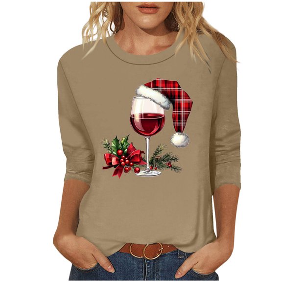 Fewfanhot Women Fall Clothes Casual Round Neck Sweatshirt Christmas GlassLong Sleeve Shirts Loose Soft Pullover Shirts