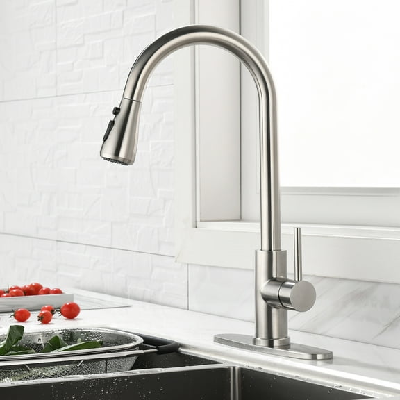 UWR-Nite Kitchen Faucet with Pull Down Sprayer Brushed Nickel, High Arc Single Handle Kitchen Sink Faucet with Deck Plate, Commercial Modern rv Stainless Steel Kitchen Faucets