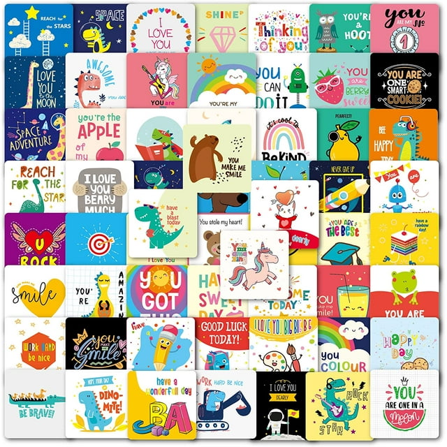 Notes de Boîte à Lunch pour Enfants, 60 Pcs Cartes d'Affirmation Positive Mignonnes Design de Cartes de Motivation Inspirantes pour Boîte à Lunch de Maternelle, Cadeaux de Rentrée pour Étudiants Bas de Noël