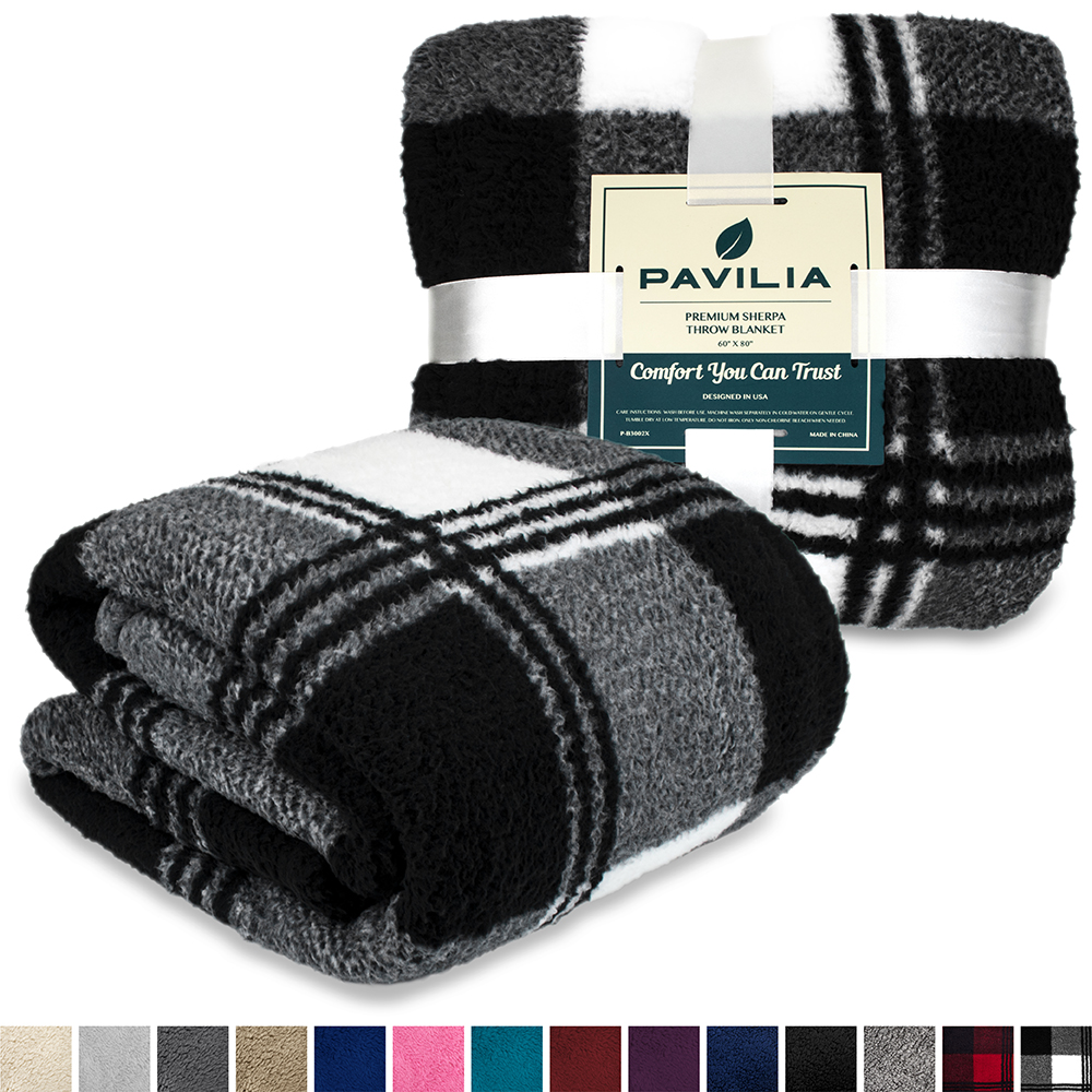 PAVILIA Buffalo Check Sherpa Twin Bed Blanket Black White Checkered