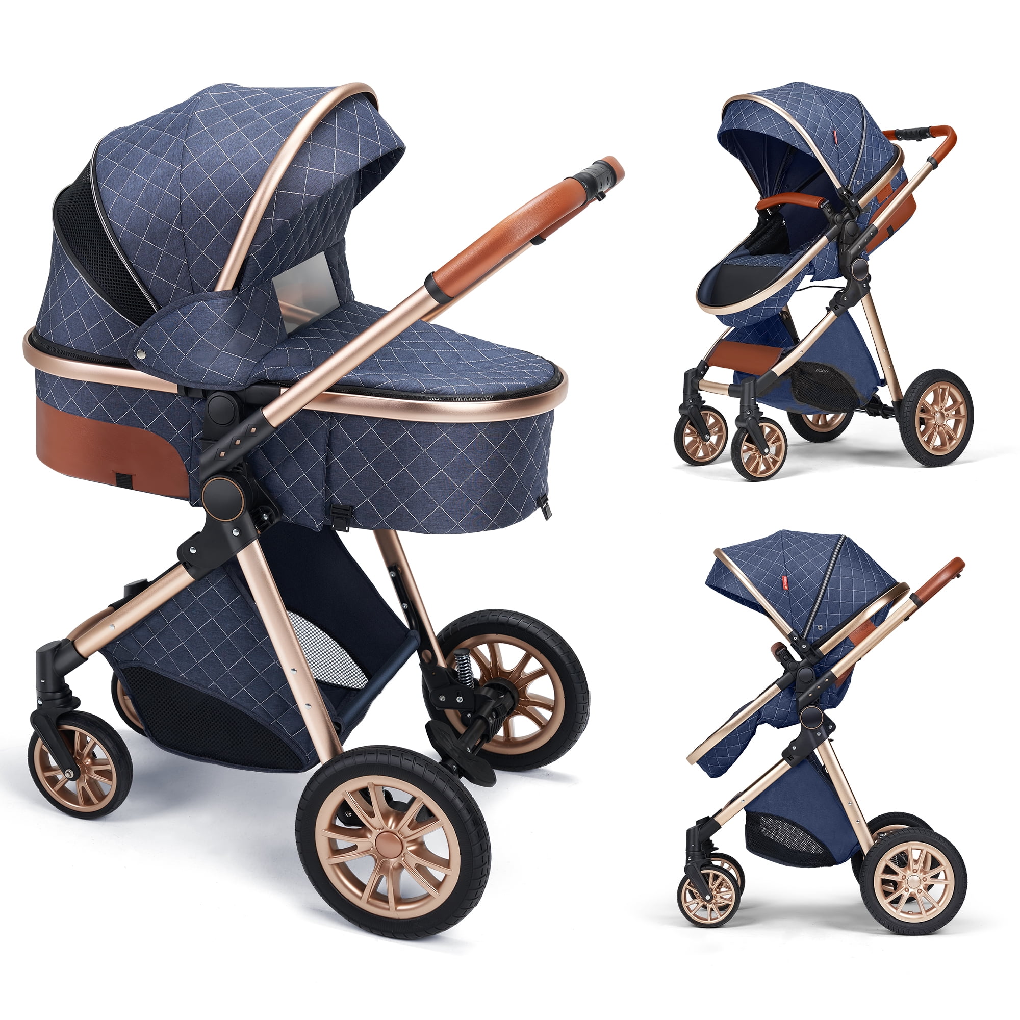 PASSING LOVE High Landscape Infant Baby Folding Stroller with Big Sleeping Basket