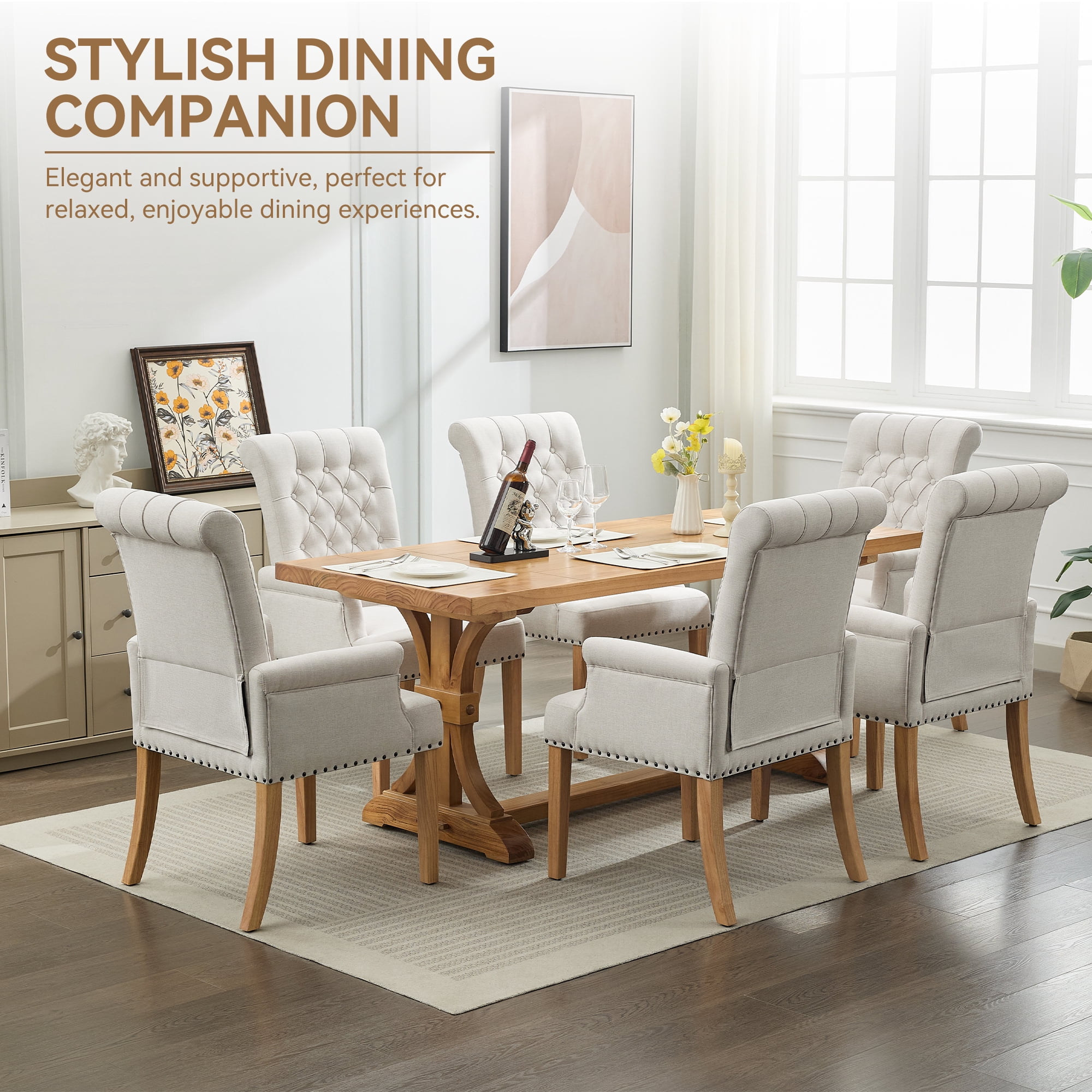 Fabric Upholstered Dining Chair with Arms, Tufted High Back Accent Coffee Armchair for Kitchen Dining Room Living Room, Beige