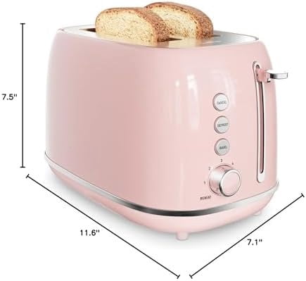 2 Slice Toaster Retro Stainless Steel with Bagel, Cancel, Defrost Function and 6 Bread Shade Settings Bread Toaster, Extra Wide Slot and Removable Crumb Tray (Pink)