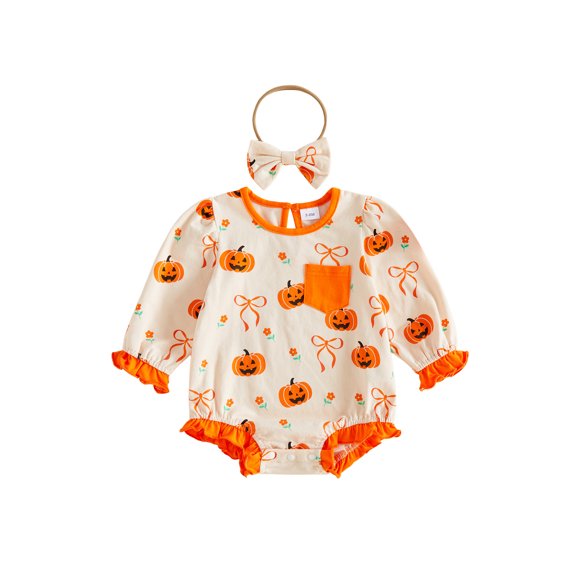 Cenuakty Girl Halloween Outfit Printed Ruffled Long Sleeve Romper Bow Headband