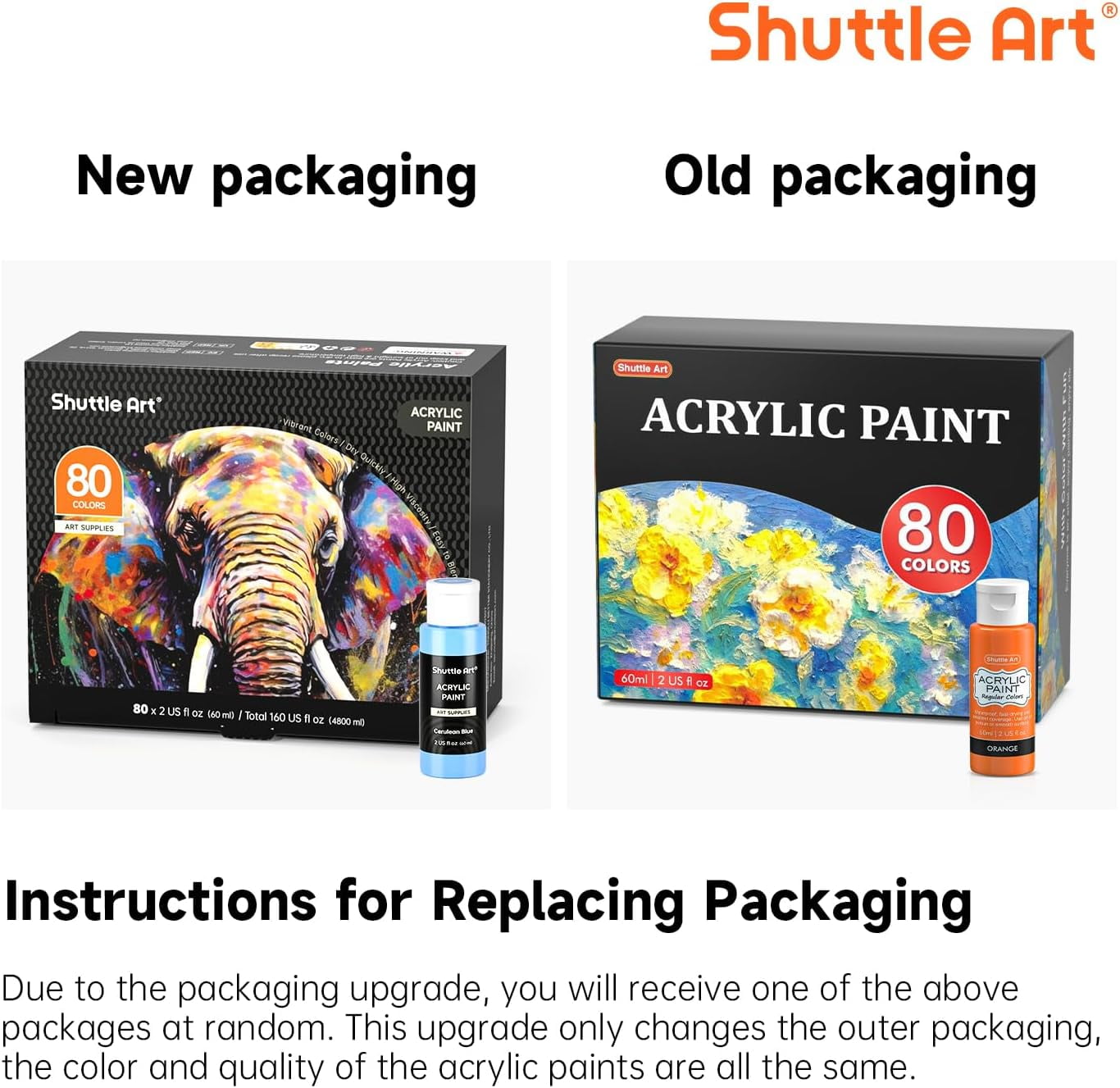 80 Colors Acrylic Paint, Shuttle Art Acrylic Paint set with 12 Paint Brushes, 2oz/60ml Bottles, Rich Pigmented, Water Proof, Premium Paints for Artists, Beginners on Canvas Rocks