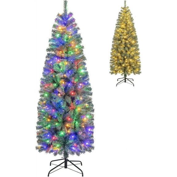 6.5FT Pre-Lit Pencil Christmas Tree, Hinged Artificial Xmas Tree with 556 Branch Tips, 200 LED Lights, 9 Lighting Modes & Folding Metal Stand, Slim Holiday Decoration Tree for Home Party