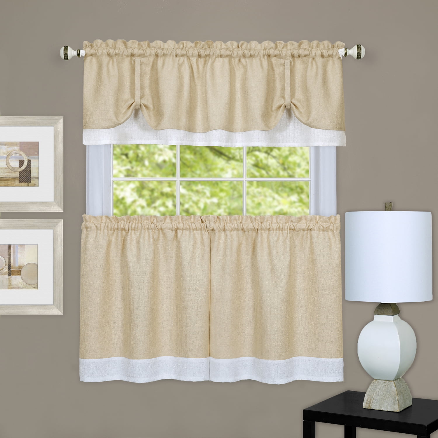 Oakwood Linen Style Kitchen Window Curtain 36" Tiers & Valance Set 