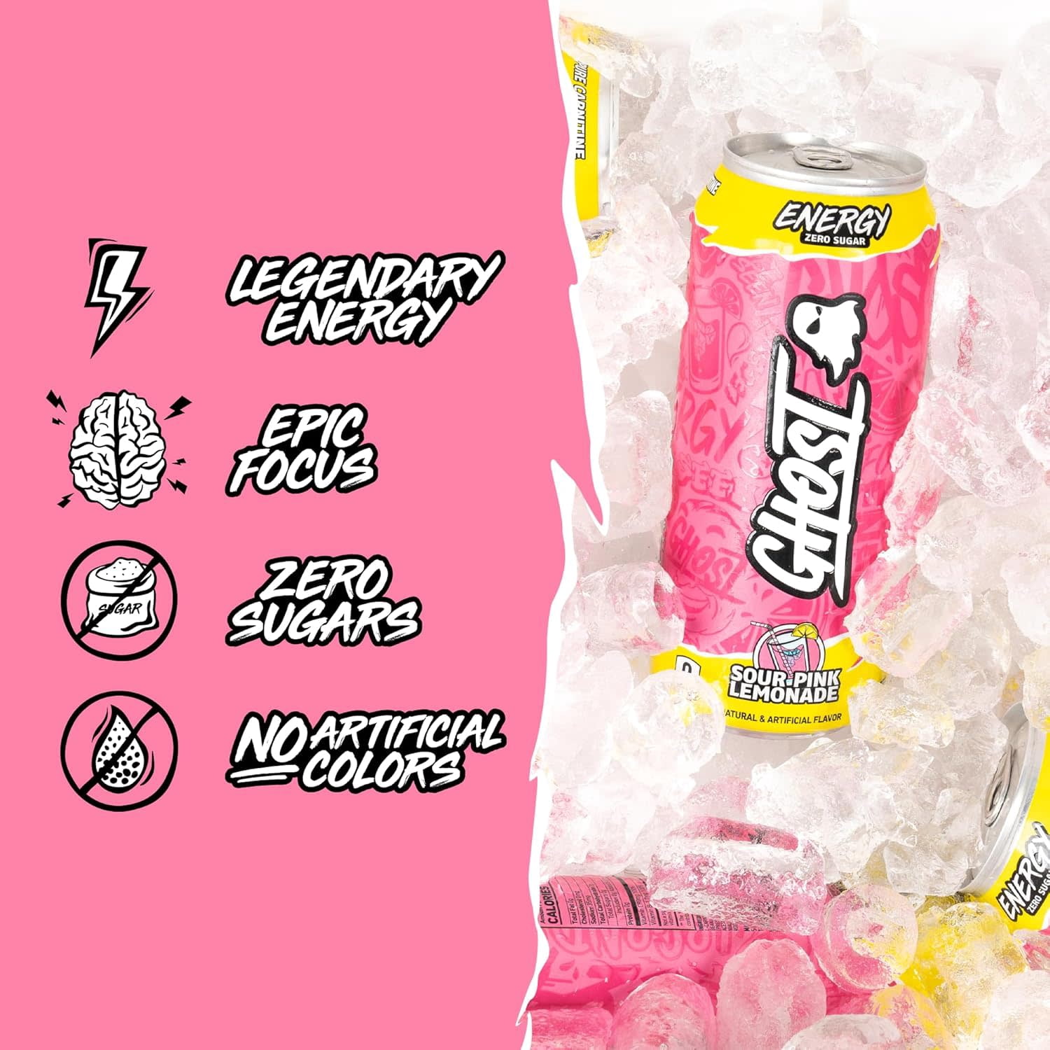 GHOST® ENERGY Zero Sugars Energy Drink, Sour Pink Lemonade, 200mg Natural Caffeine, 16 fl oz Can