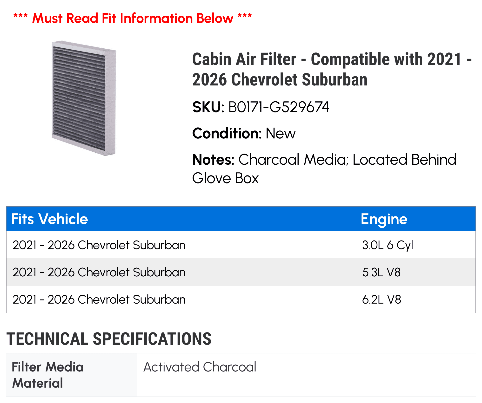 Cabin Air Filter - Compatible with 2021 - 2026 Chevy Suburban 2022 2023 2024 2025
