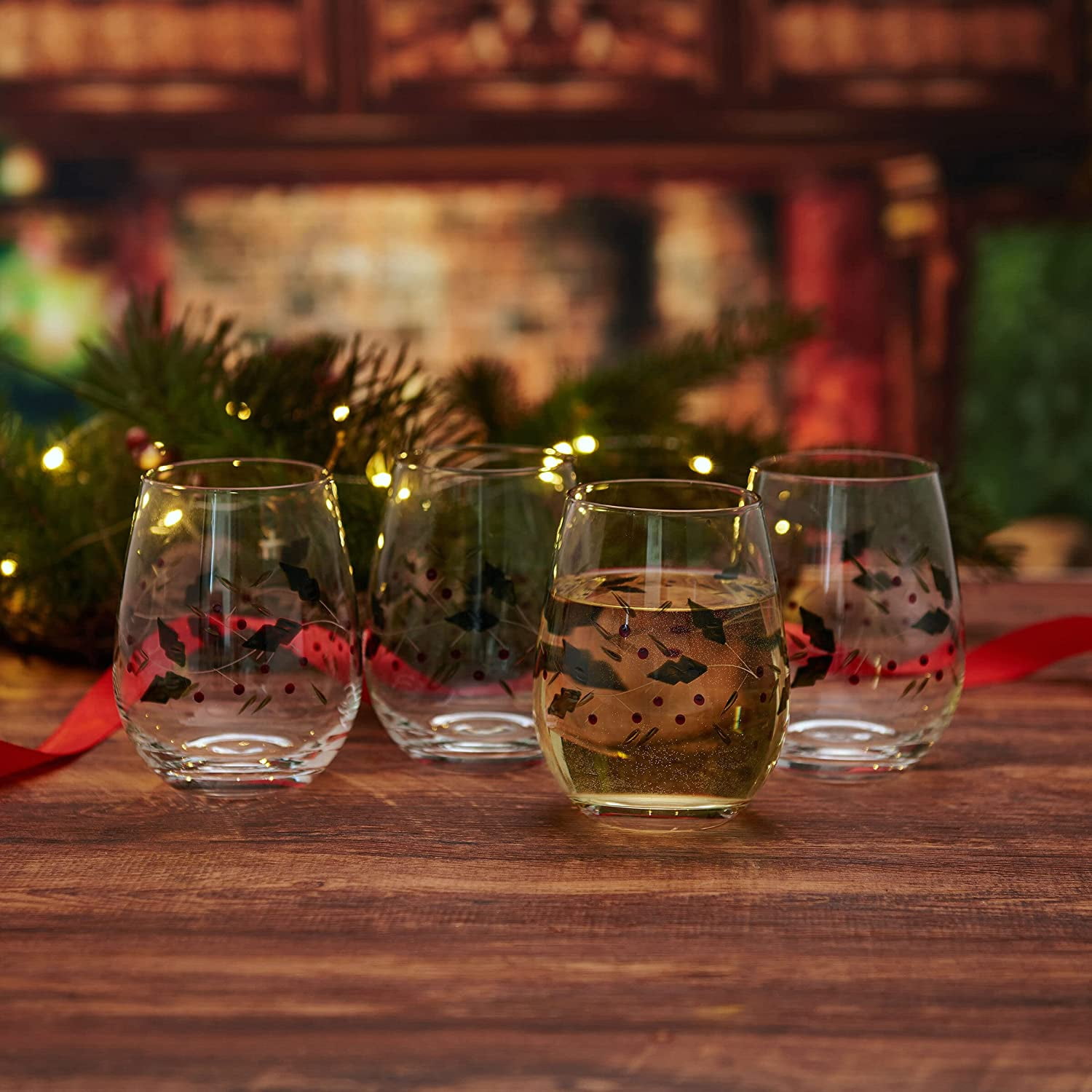 Pfaltzgraff Winterberry Set of 4 Stemless Hand Painted Wine Glasses