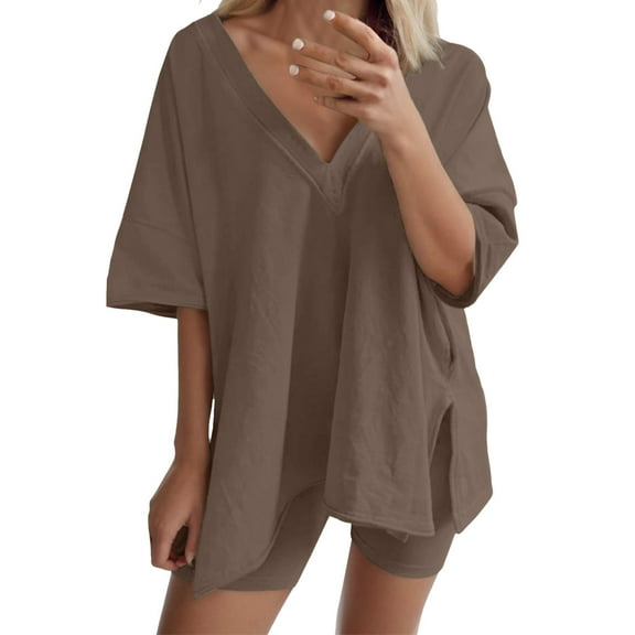 WAYUTE Womens 2 Piece Outfits Oversized Oversized V Neck Short Sleeve T Shirt and Shorts Activewear Travel Baggy Matching Clothing