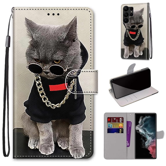 SaniMore Painted Wallet Case Compatible with Galaxy S23 Ultra, Stylish PU Leather Shell Magnetic Closure Shockproof Kickstand Case with Wrist Strap for Samsung Galaxy S23 Ultra,