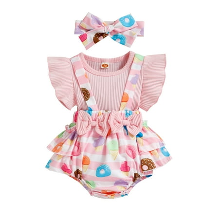 

Arvbitana Baby Girls Romper Dress Fly Sleeve Solid Ribbed Tops Patchwork Donut / Flower Printed Ruffle Suspender Bodysuit + Headband Summer Casual Sweet Fake Two Piece Outfits for Infant 2Pcs 0-18M