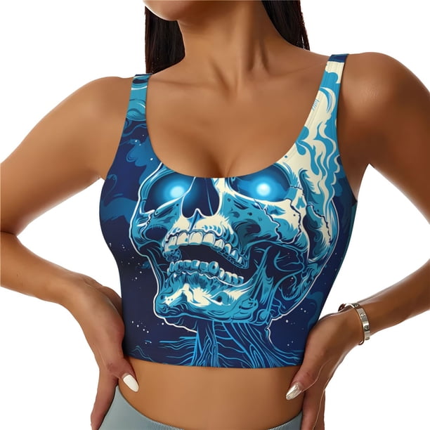 Fotbe Abstract Blue Skull Sujetador Deportivo Largo sin Aros para Mujer con Almohadillas y Soporte Medio, Transpirable y Absorbente, Camiseta Tipo Chaleco o Tank Top-X-Large
