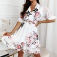 thumbnail image 3 of Robe Midi Imprimée Florale pour Femmes à Volants Superposés Col en V Manches Mi-Longues Coupe Ample Robe de Plage Robe d'Été, 3 of 8
