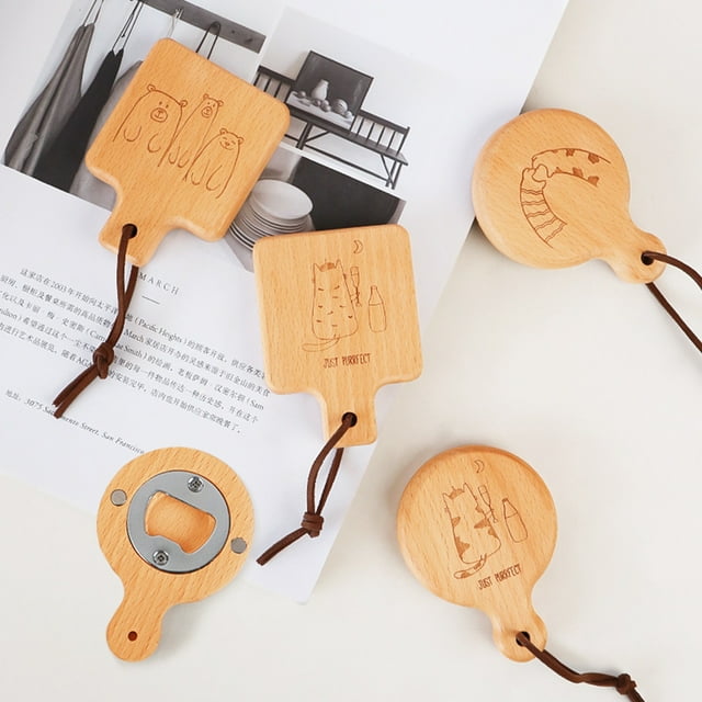 Bottle Opener Magnetic Manual Cartoon Pattern Wooden Hanging Hole Refrigerator Magnet Beer Opener Kitchen Gadets