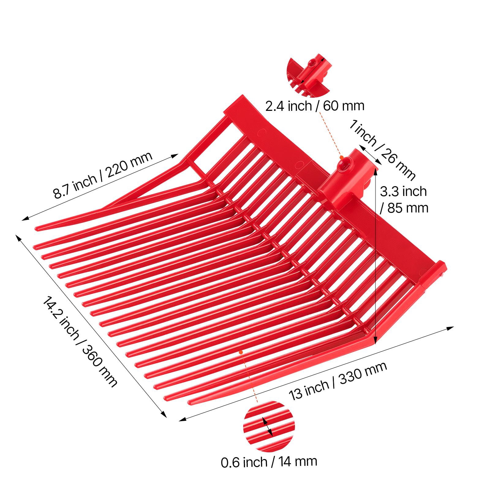 Manure Fork Replacement Heads 6-Pack, PP Plastic, 18 Tines, Side-Angled Tooth Design, for Hay Straw Manure Handling
