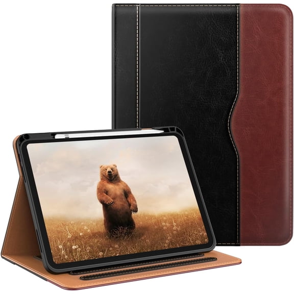 Case for iPad A16 11th Generation 2025 / 10th Gen 2022, 11 Inch 10.9 Multi-Angle Viewing PU Leather Stand Cover with Pencil Holder & Pocket, Auto Sleep/Wake, Black Brown