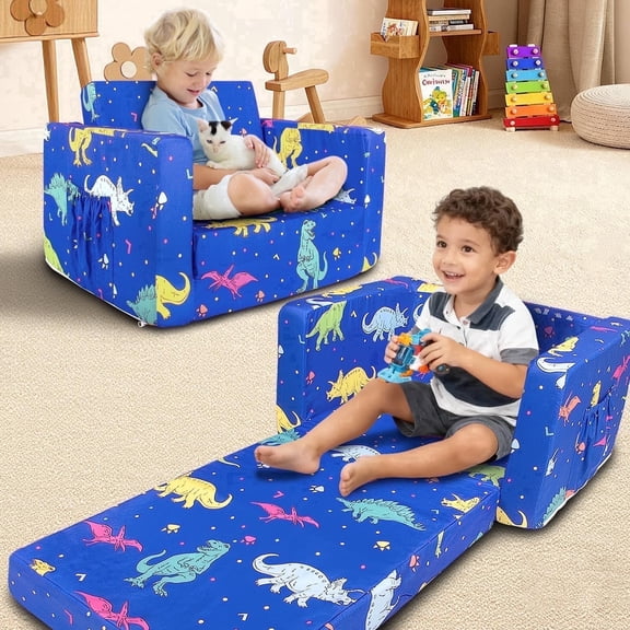 Beavtaens Toddler Sofa, 2-in-1 Dinosaur Flip Open Toddler Couch, with Side Pocket, for Ages 18 Months+