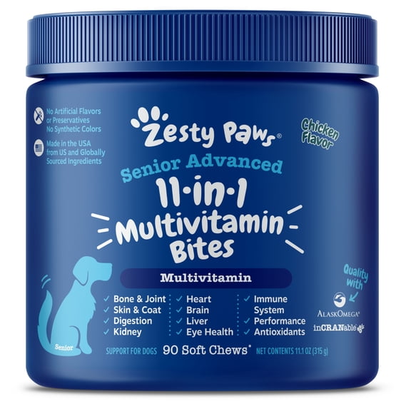 Zesty Paws Senior Advanced 11-in-1 Multivitamin Bites Chicken Flavor Dog Supplement, 90 Count