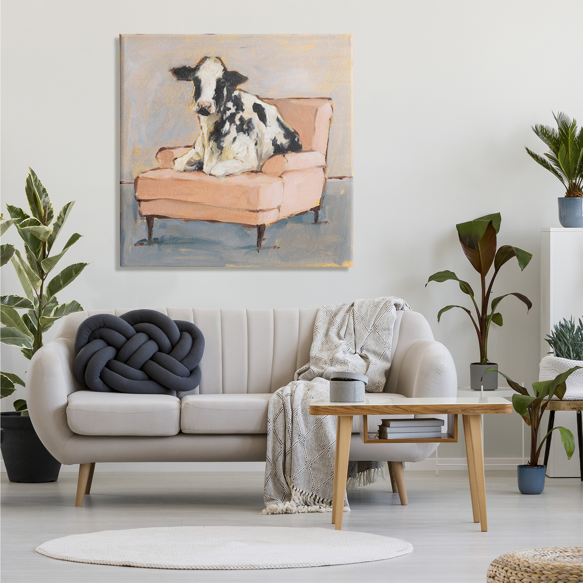 Stupell Industries Sweet Baby Calf on a Pink Couch Neutral Color Painting Animals & Insects Painting Gallery Wrapped Canvas Art Print Wall Art, 36 x 36