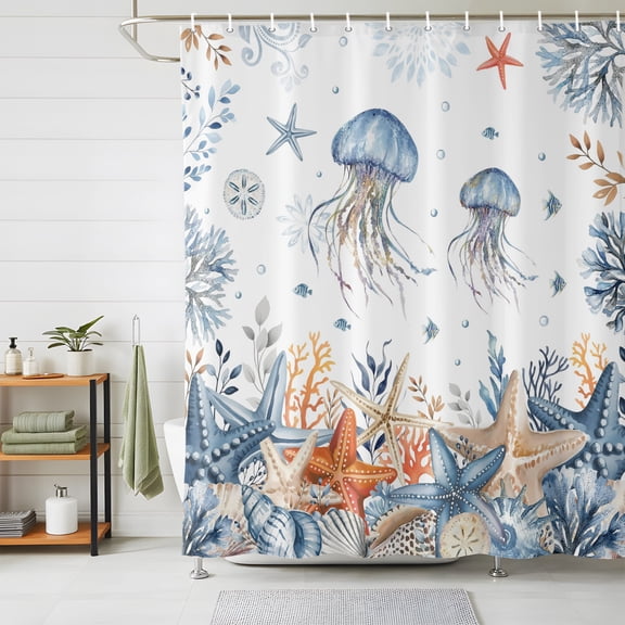 Jellyfish Coastal Shower Curtains for Bathroom, Summer Beach Coral Starfish Ocean Waterproof Fabric Shower Curtain, Decorative Bathroom Curtain for Bathtub, 72"x78" , No Hooks Included