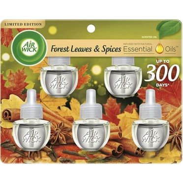 Air Wick Plug In Scented Oil Refill, 5Ct, Forest Spice & Leaves, Fall Scent, Essential Oils, Air Freshener