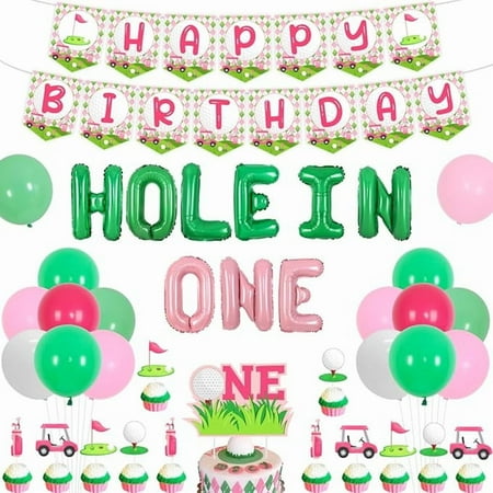 Hole in One Birthday Decorations for Girl, Golf 1st Bday Party Decorations - Pink Golf Theme Happy Birthday Banner, Cupcake Cake Toppers, Hole in One Foil Balloons for First Bday Party
