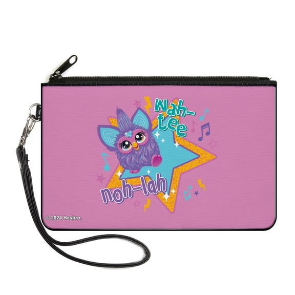 Furby Wallet, Zip Clutch, Furby Purple and Orange Furby Besties Pose Teal, Canvas