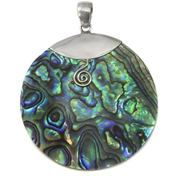 Sterling Silver Mother Of Pearl Abalone Round Shell Necklace Pendant Silver Work Large MOP Designed for Adult Women