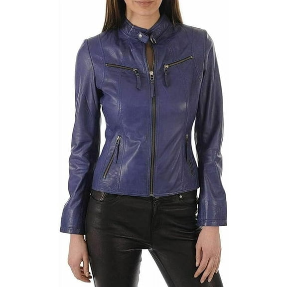 Celebrity Women's Blue Lambskin Leather Jacket Motorcycle Slim Fit Biker W378