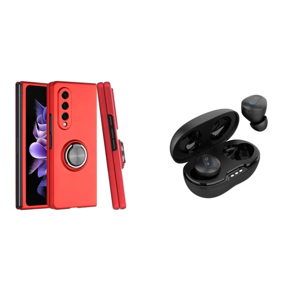 BEMZ Magnetic Ring Car Mount Holder Stand Protective Case (Red) with Noise-Cancelling Wireless Earbuds with Charging Case for Samsung Galaxy Z Fold 4 5G