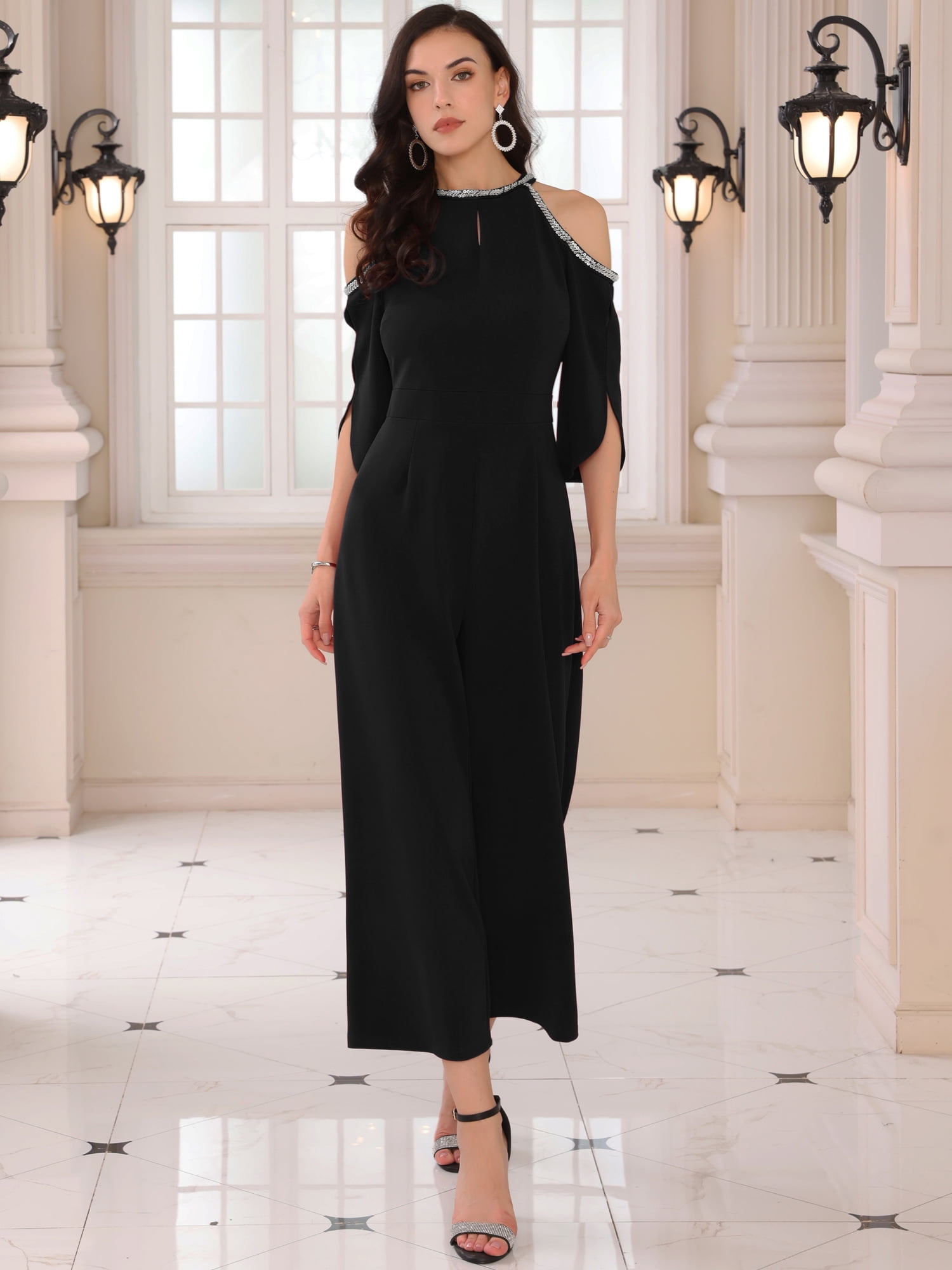 DARING DIVA Women's Dressy Jumpsuit Split Sleeve Wide Legs Cocktai XL Black