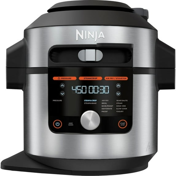 Open Box Ninja OL601 Foodi XL 8-Quart Pressure Cooker Steam Fryer with SmartLid, 14-in-1 that Air Fries, Bakes and More, with 3-Layer Capacity, 5-Quart Crisp Basket and 45 Recipes, Silver/Black -