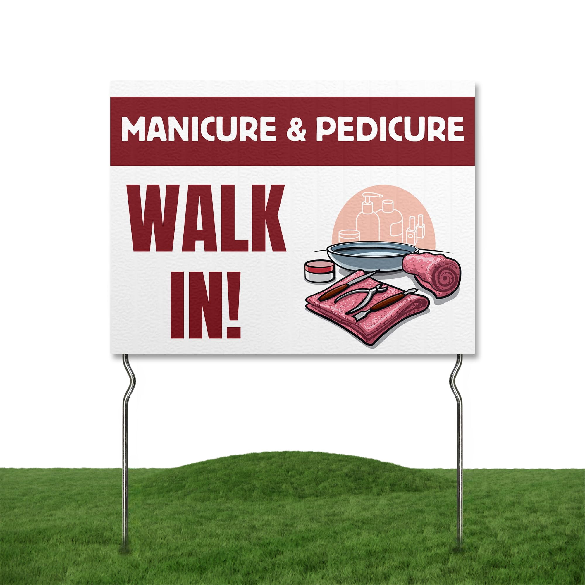 Manicure & Pedicure - Walk In! Yard Sign by DC | 24 x18 Double Sided Salon Garden Sign with 13” Metal Stakes | Outdoor Signs Waterproof for Lawn Patio Sidewalk & House | Set of 5 | Made in USA
