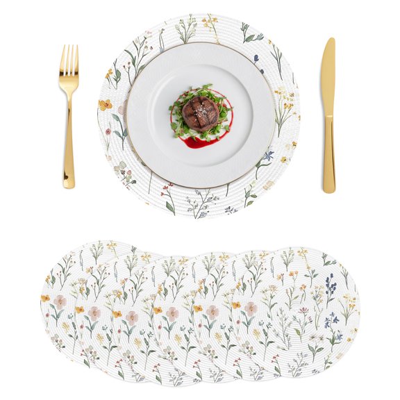 Round Placemats Rustic Wildflowers 15 inch Set of 6 Table Mats for Dining Table Spring Watercolor Botanical Floral Heat Resistant Non-Slip Kitchen & Home Decorative Place Mat Set